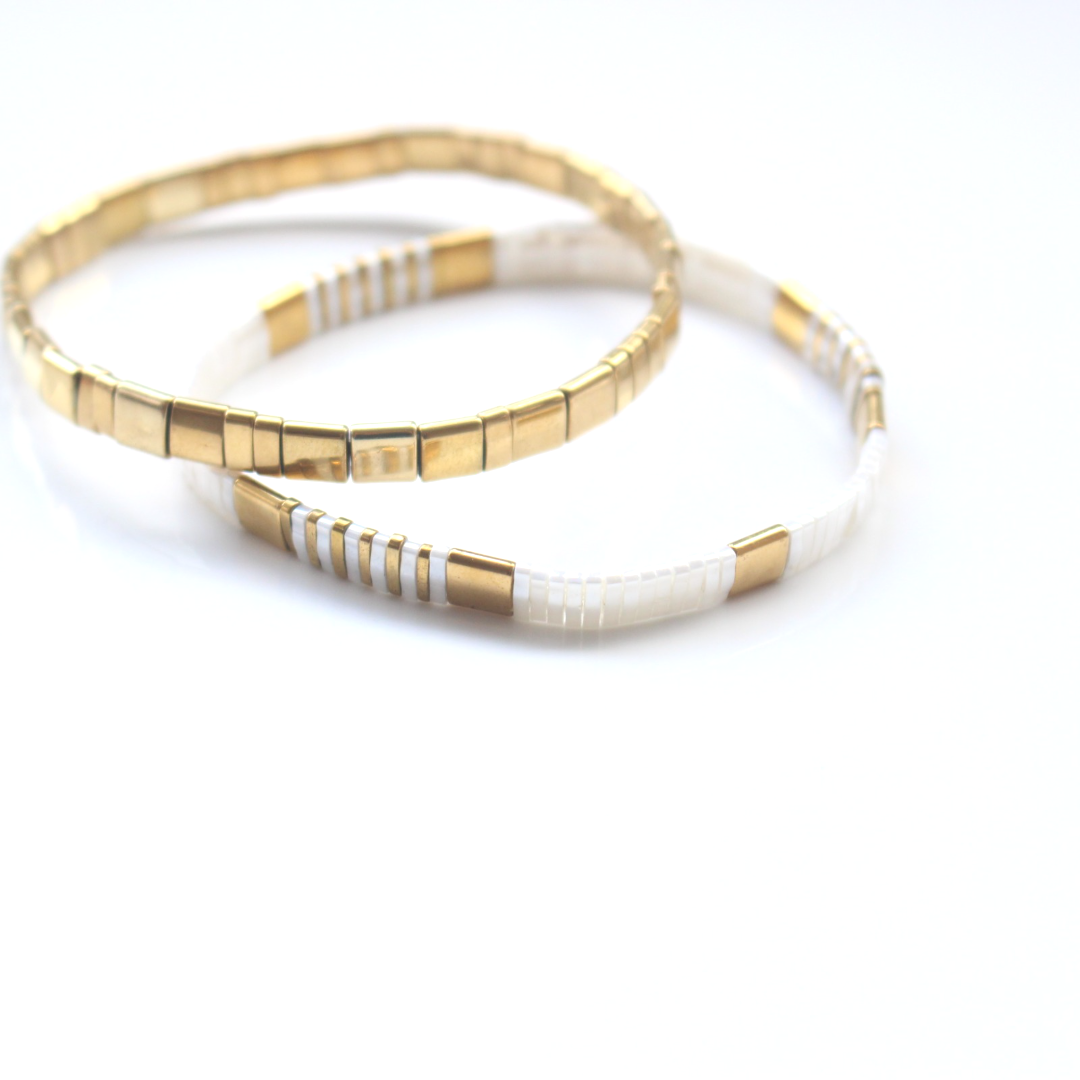 Bracelet | Glass Bead - Duo White + Gold
