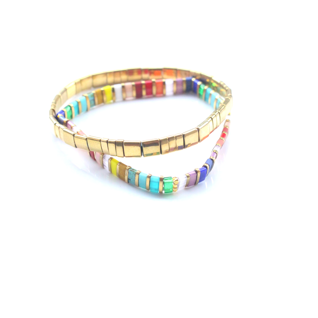 Bracelet | Glass Bead - Duo Rainbow + Gold