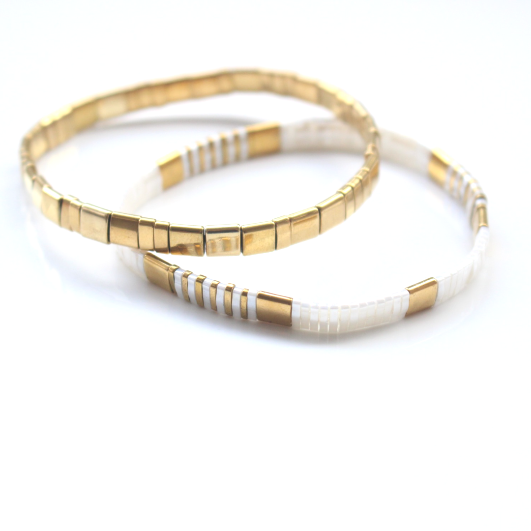 Bracelet | Glass Bead - Duo White + Gold