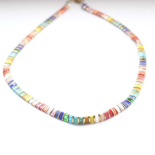 Glass Bead Necklace Rainbow + Gold
