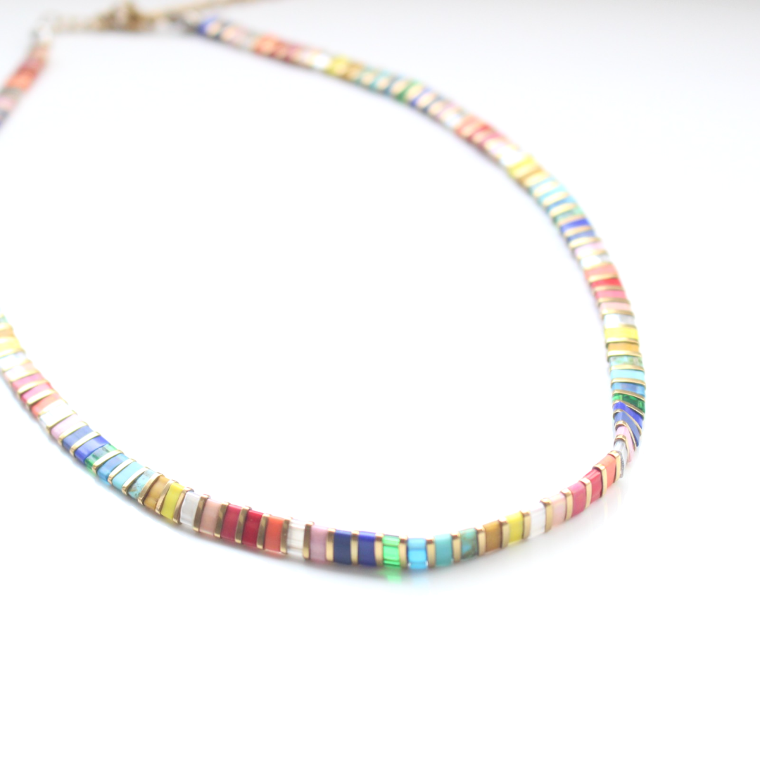 Glass Bead Necklace Rainbow + Gold